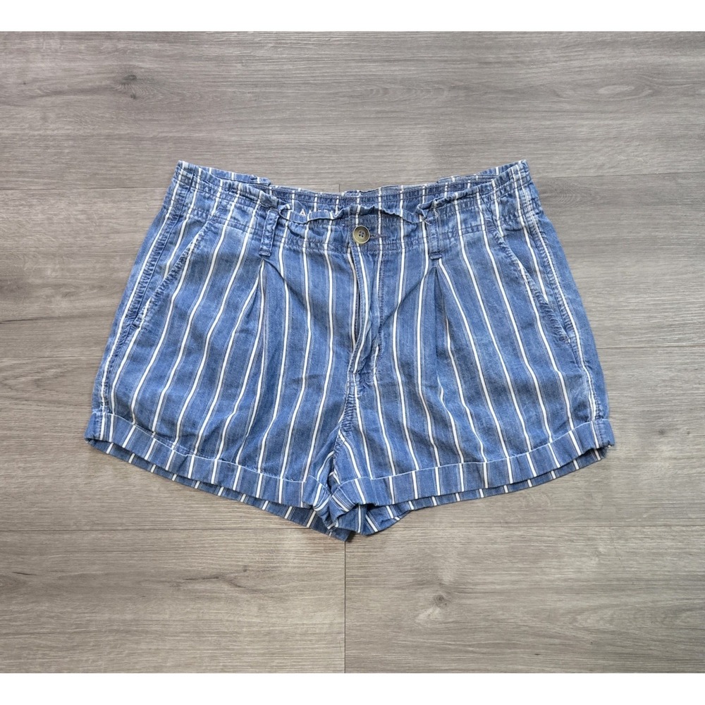 American Eagle Womens Shorts 10 Blue White Striped Denim Pockets Casual Cuffed